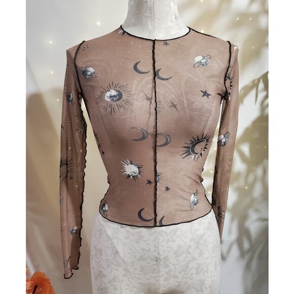 Full Tilt Sheer Mesh Celestial Sun Moon Crop Long Sleeve Top Size XS Beige Tan - Picture 1 of 9
